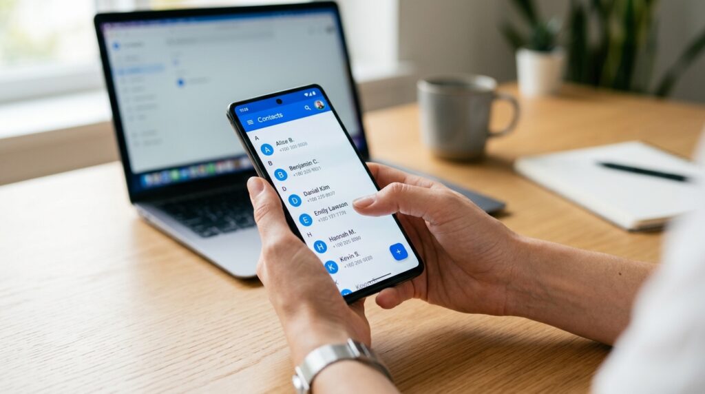 Recuperar contactos borrados en Android: móvil mostrando la app de contactos