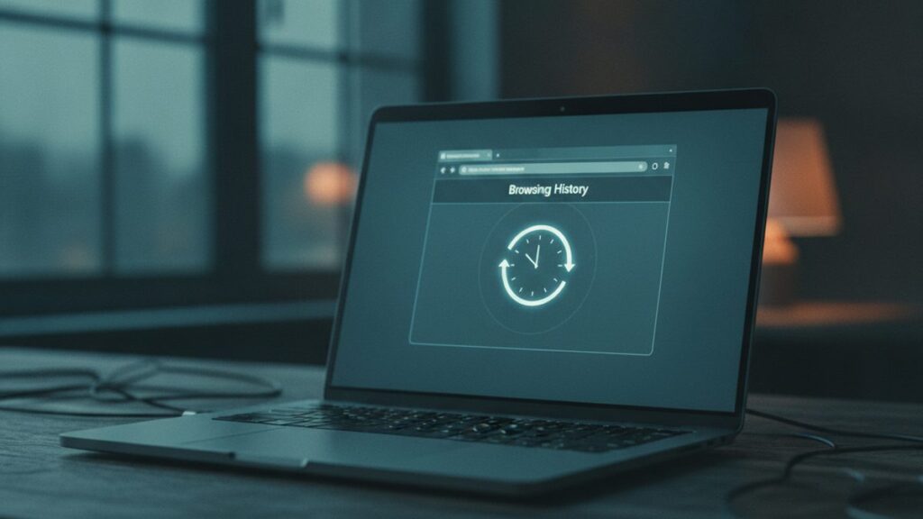 Portátil de noche mostrando el historial de Chrome mientras se restaura